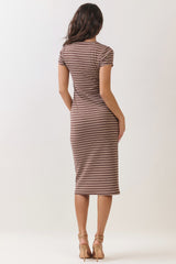 woman wearing a brown striped midi dress with short sleeves and a fitted silhouette, seen from the back