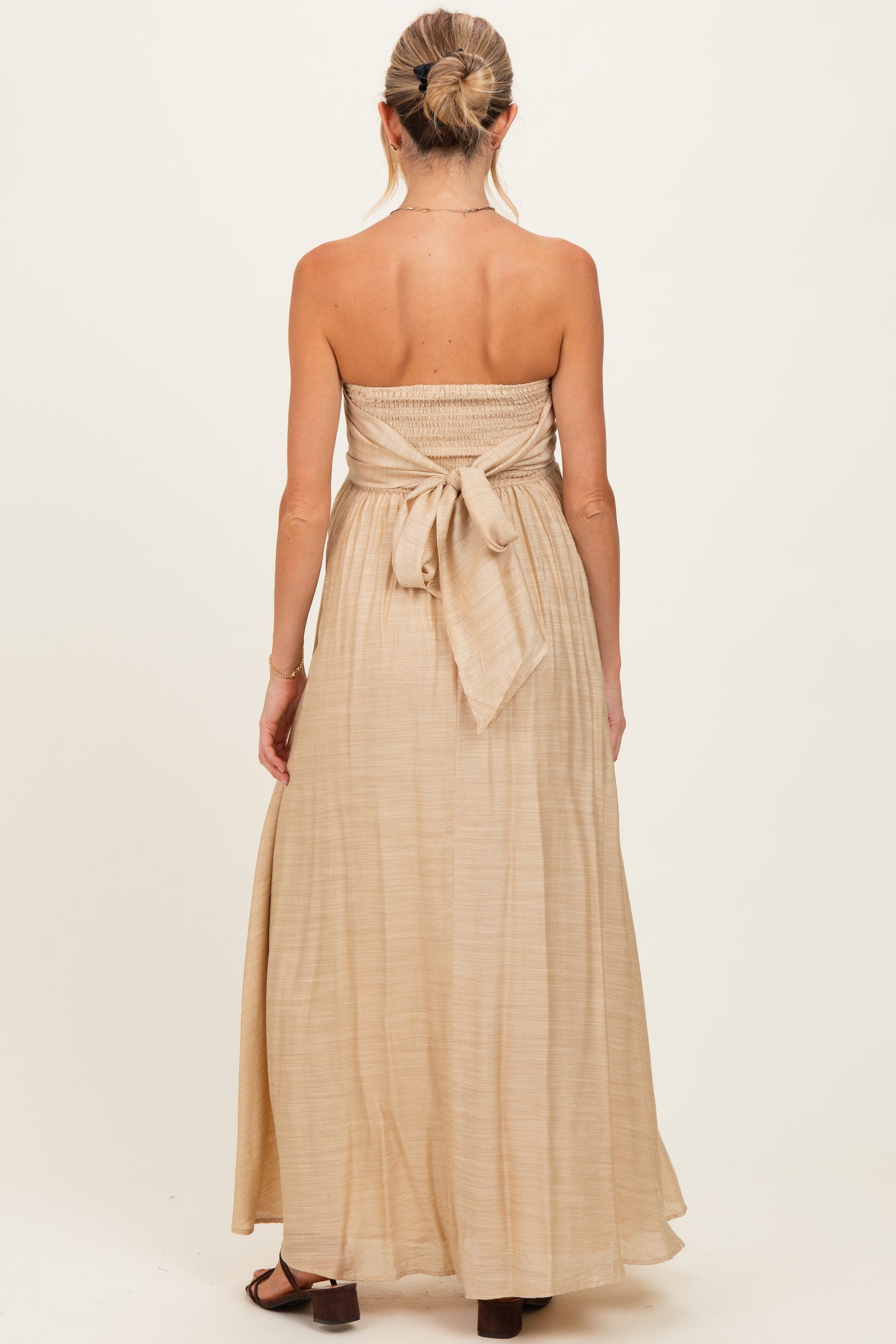 Beige Strapless Tie Back Maternity Maxi Dress