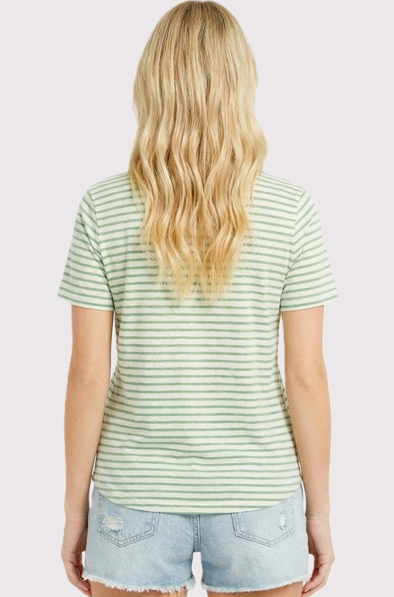 woman wearing a green and white striped short sleeve top with a relaxed fit and light blue denim shorts.