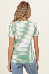 woman wearing a light green and white striped maternity t-shirt, view of the back