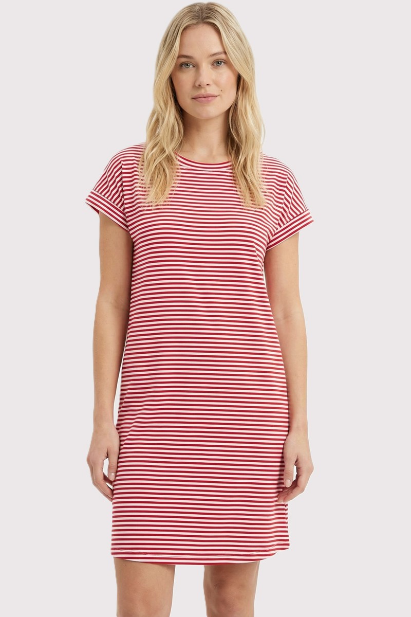 woman wearing a red and white striped t-shirt dress with short sleeves