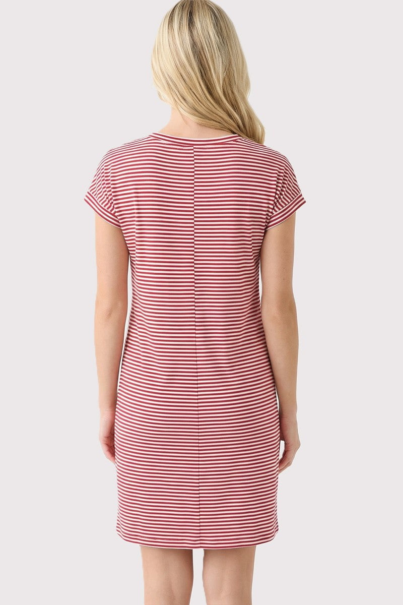 woman wearing a red and white striped short sleeve dress, shown from the back