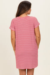 woman wearing a red and white striped maternity dress with short sleeves, showing the back view