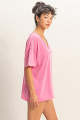 Fuchsia Washed V-Neck Oversized Tee
