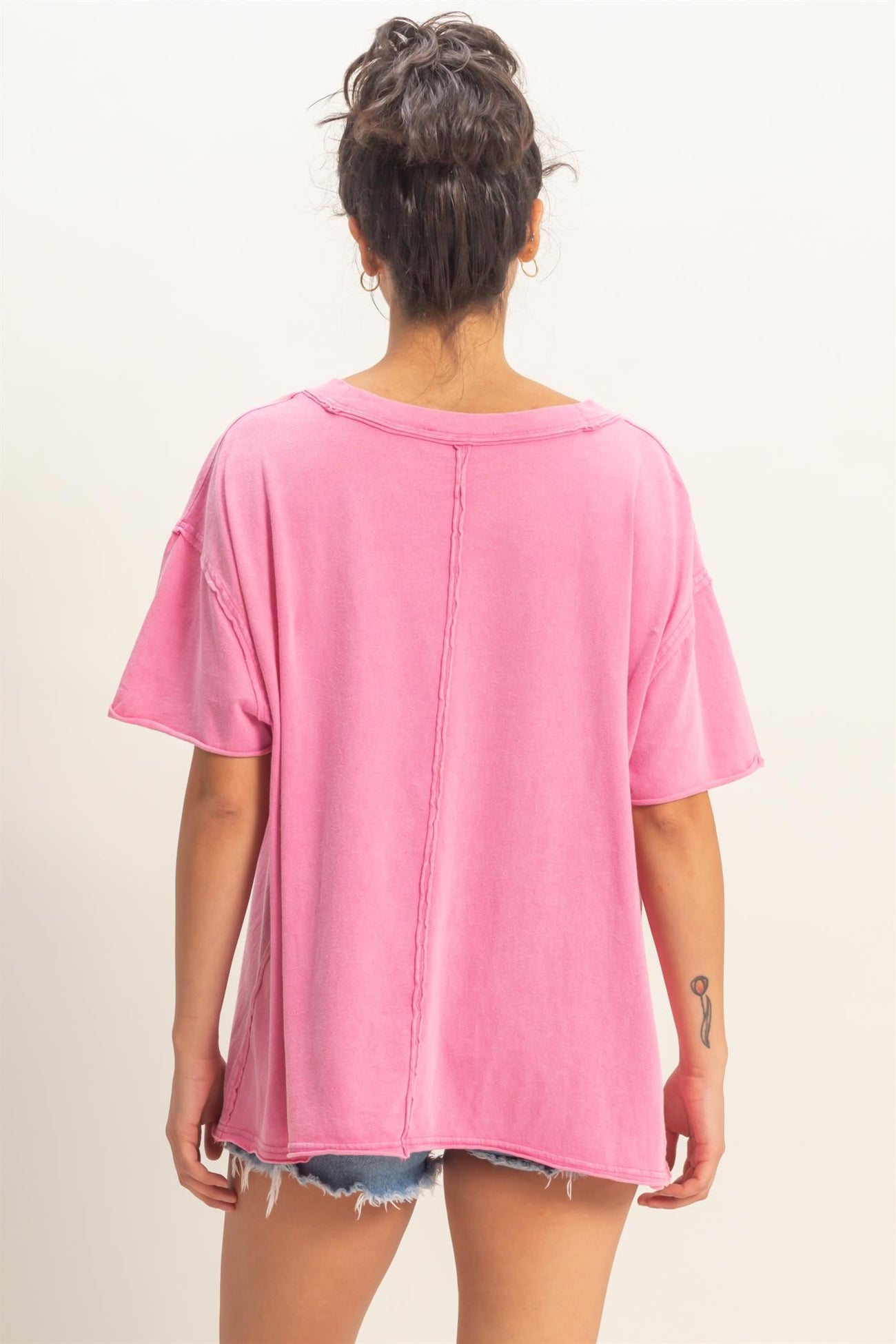 Fuchsia Washed V-Neck Oversized Tee