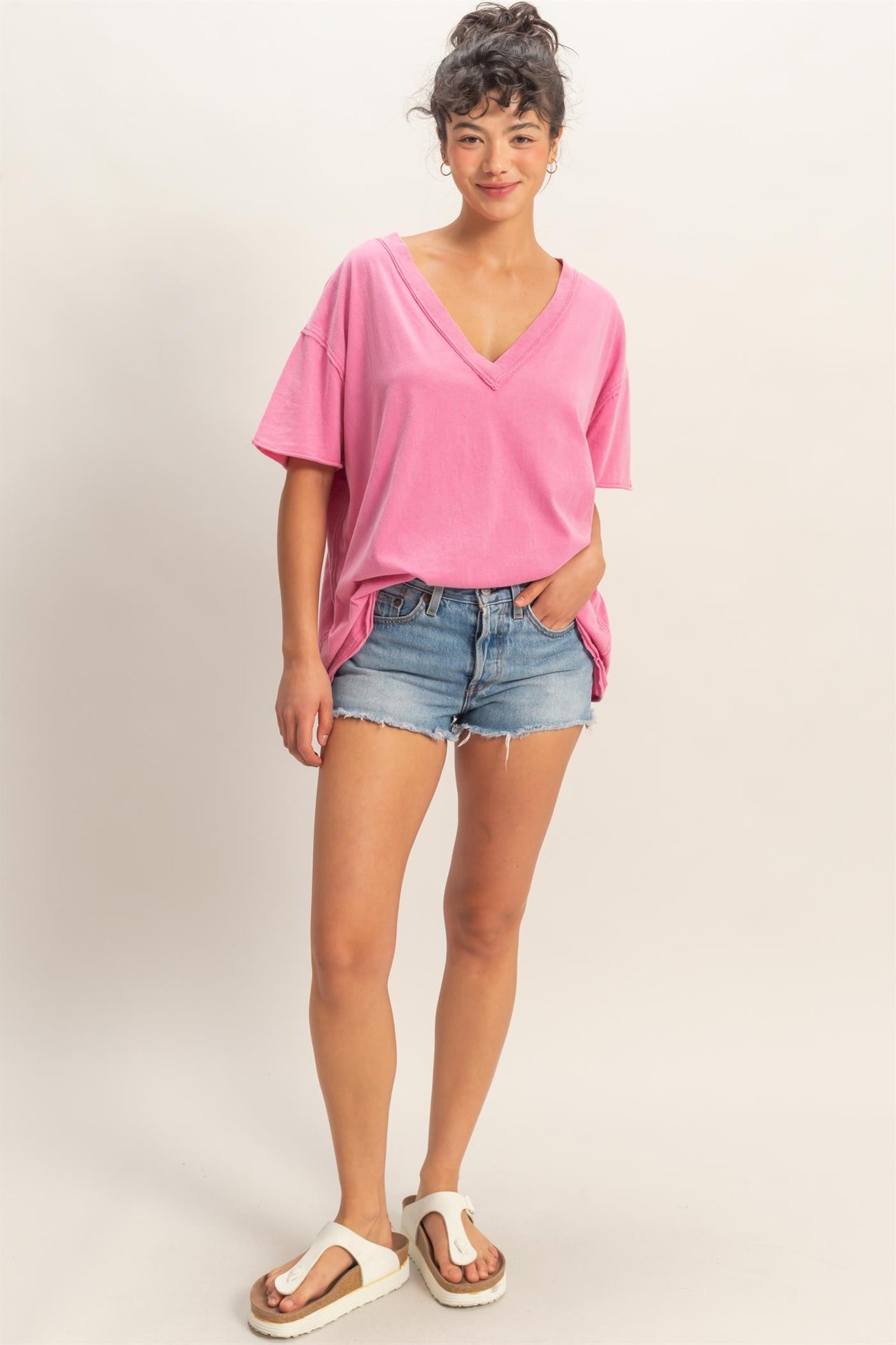 Fuchsia Washed V-Neck Oversized Tee