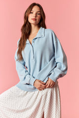 Light Blue Snap Collar Oversized Maternity Sweatshirt