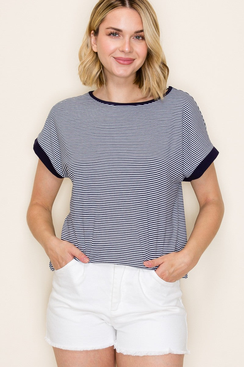 Navy Pinstripe Contrast Trim Maternity Top