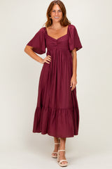 Burgundy Flutter Sleeve Ruffle Hem Midi Dress