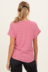 woman wearing a red and white striped maternity top with short sleeves and a relaxed fit from the back