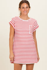woman wearing a red and white striped short sleeve dress with a pocket on the chest