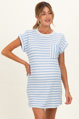 woman wearing a light blue and white striped maternity dress with a pocket and short sleeves