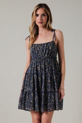 Navy Floral Shoulder Tie Tiered Maternity Mini Dress