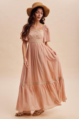 Dusty Pink Lace Accent Flutter Sleeve Maternity Maxi Dress