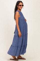 Light Navy Smocked Sleeveless Tiered Maternity Maxi Dress