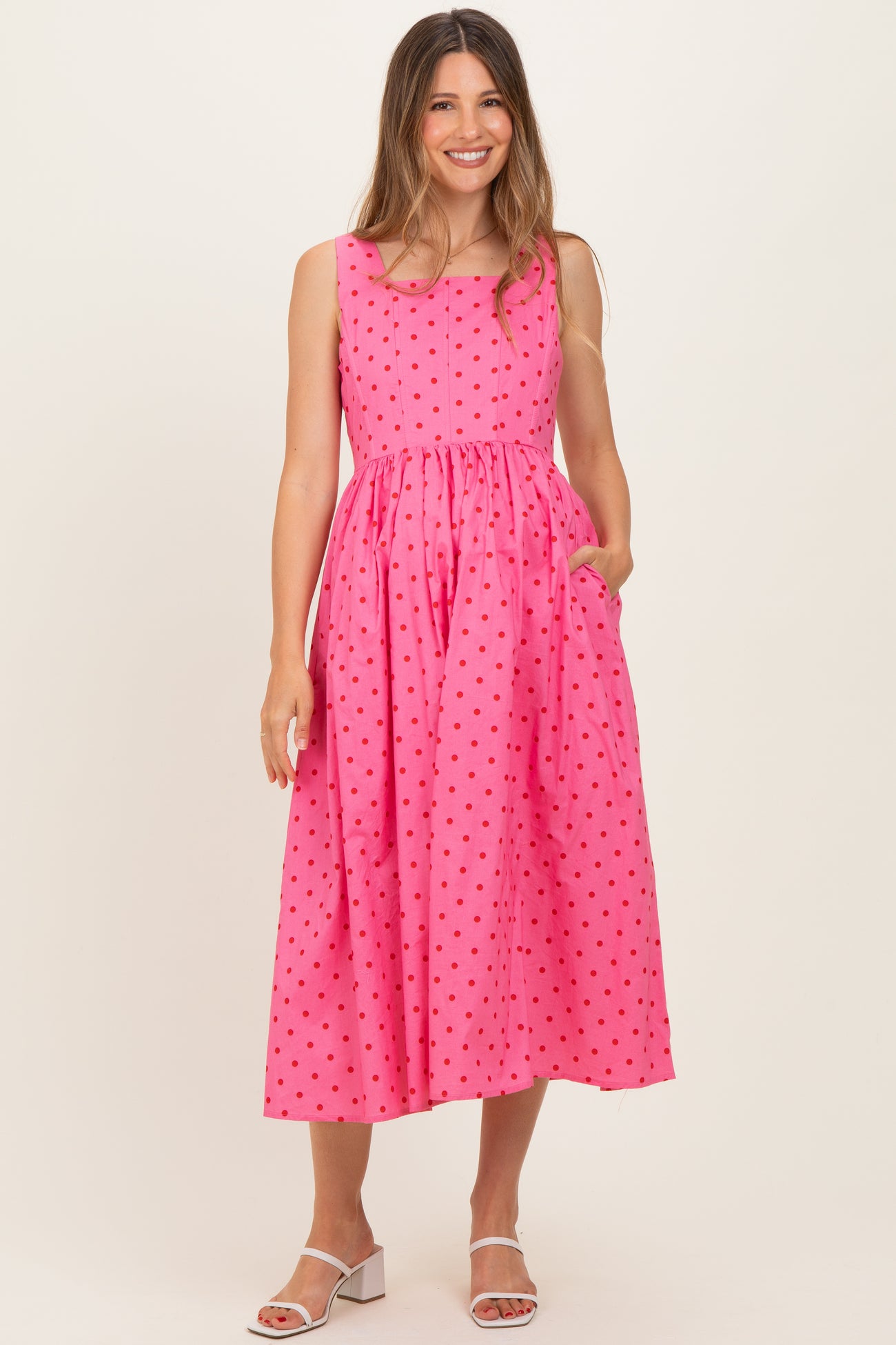 Pink Polka Dot Sleeveless Maternity Midi Dress