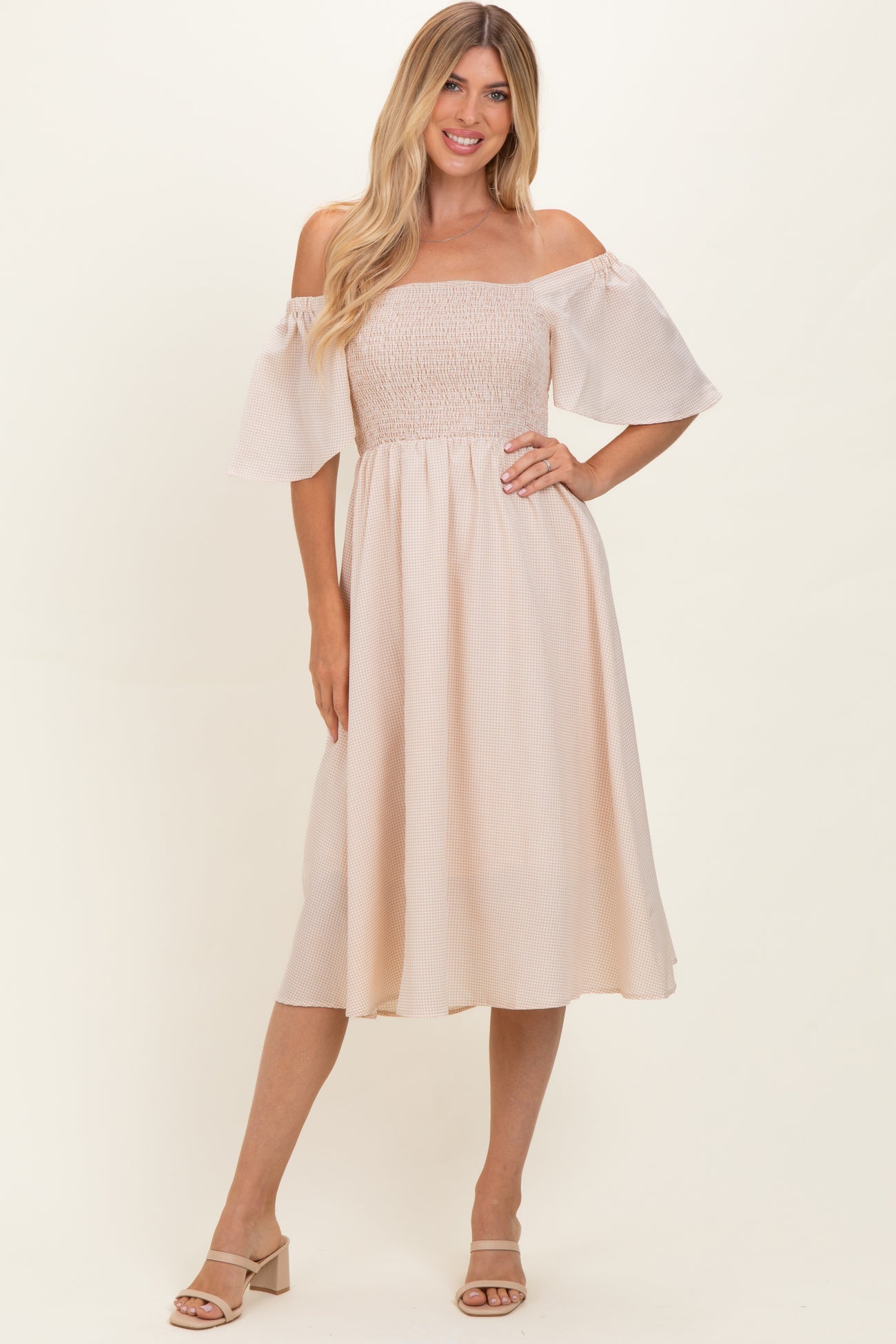 Biege Gingham Smocked Maternity Midi Dress