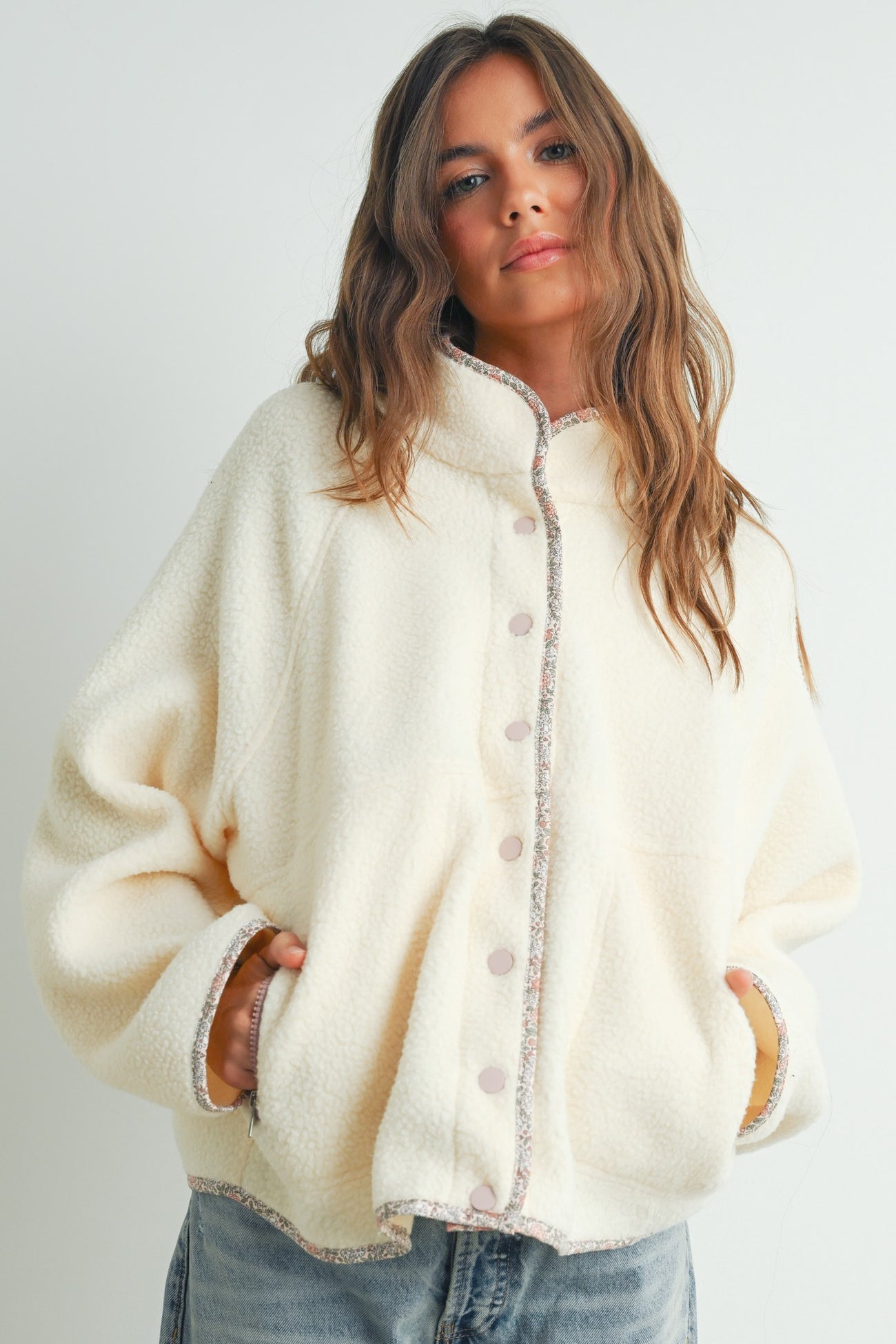 Ivory Floral Trim Fleece Snap Button Jacket