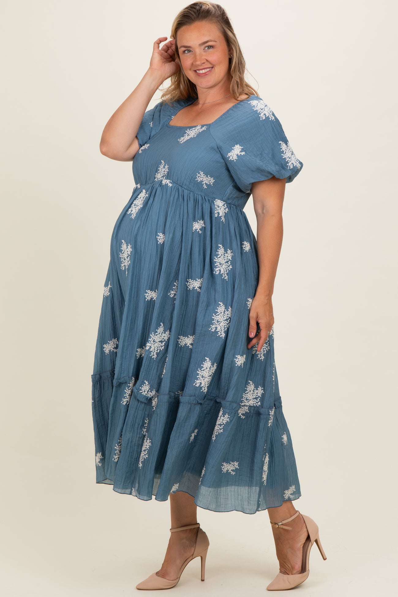 Dusty Blue Floral Print Ruffle Hem Maternity Plus Midi Dress
