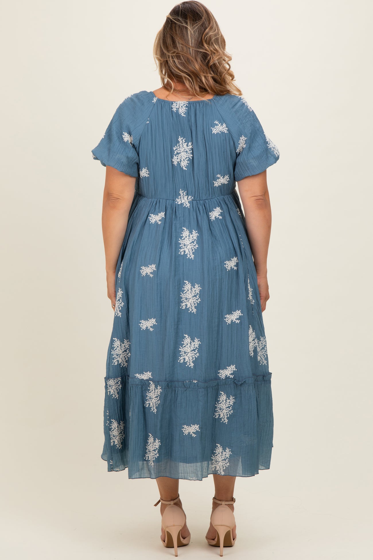 Dusty Blue Floral Print Ruffle Hem Maternity Plus Midi Dress