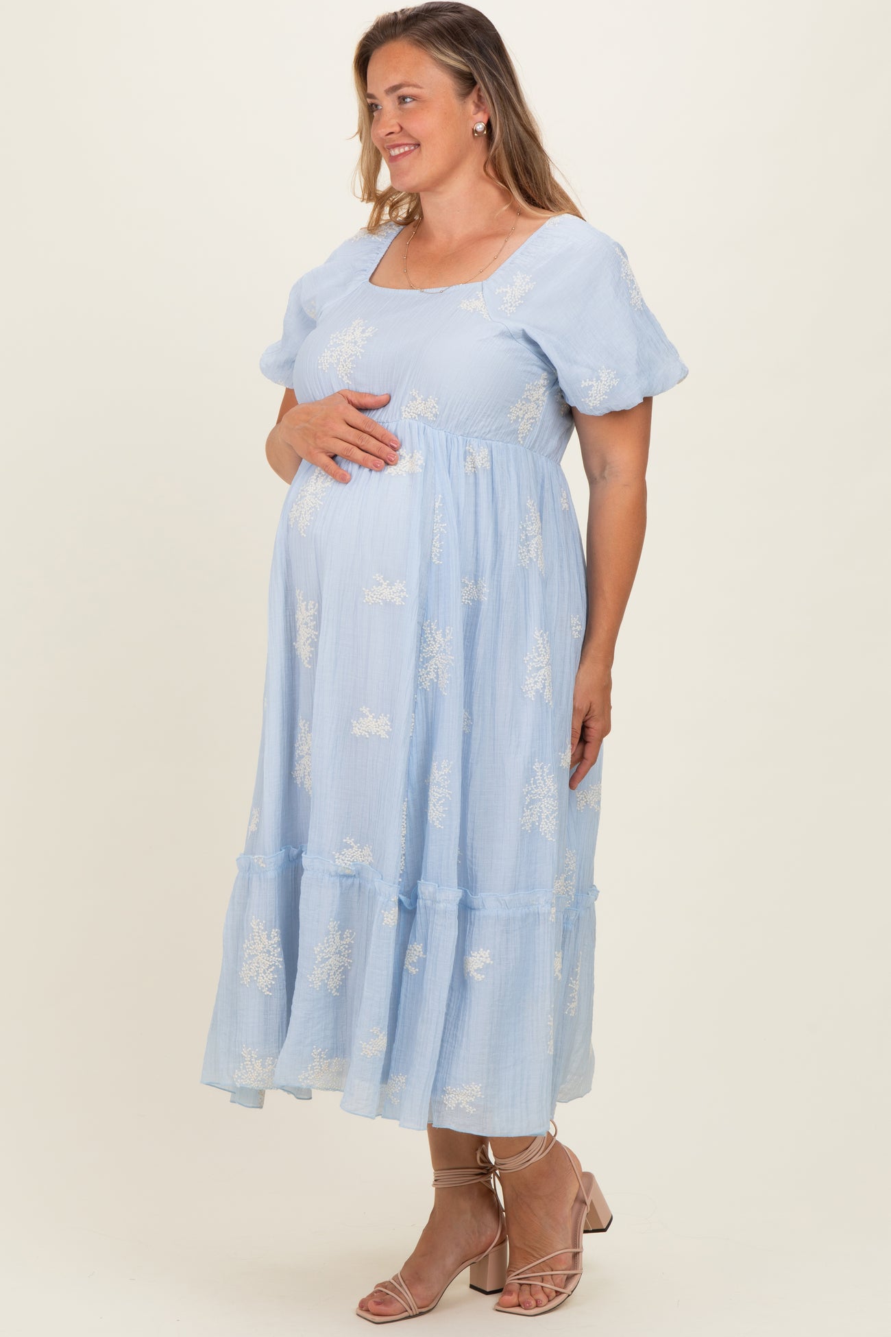 Powder Blue Floral Print Ruffle Hem Maternity Plus Midi Dress