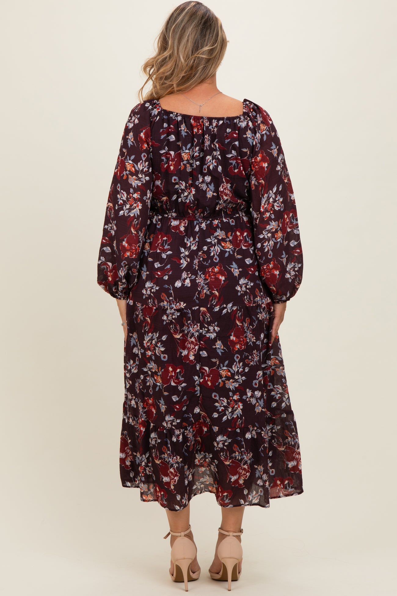 Brown Floral V-Neck Bubble Sleeve Maternity Maxi Dress