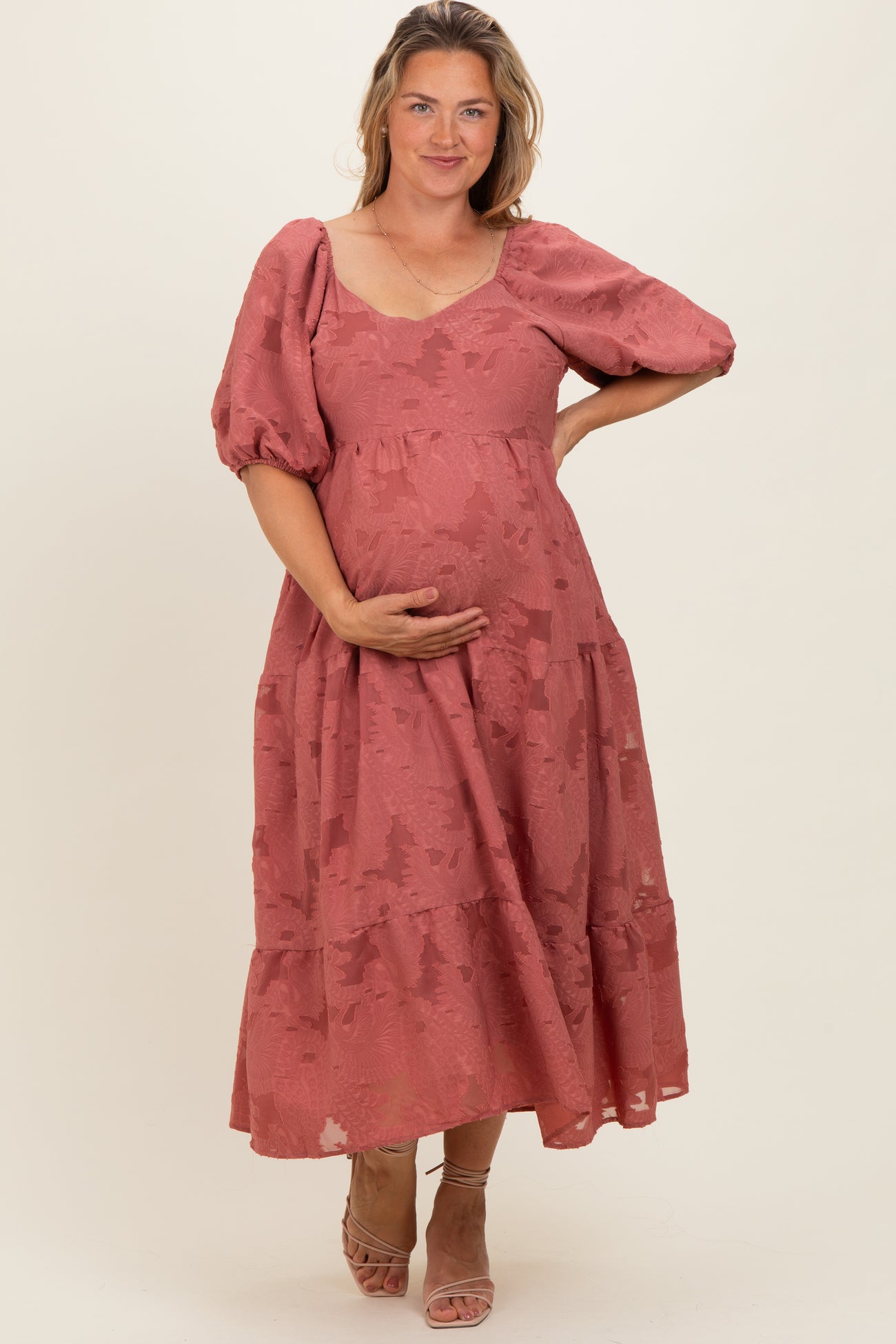 Mauve Floral Textured Tiered Midi Maternity Plus Dress