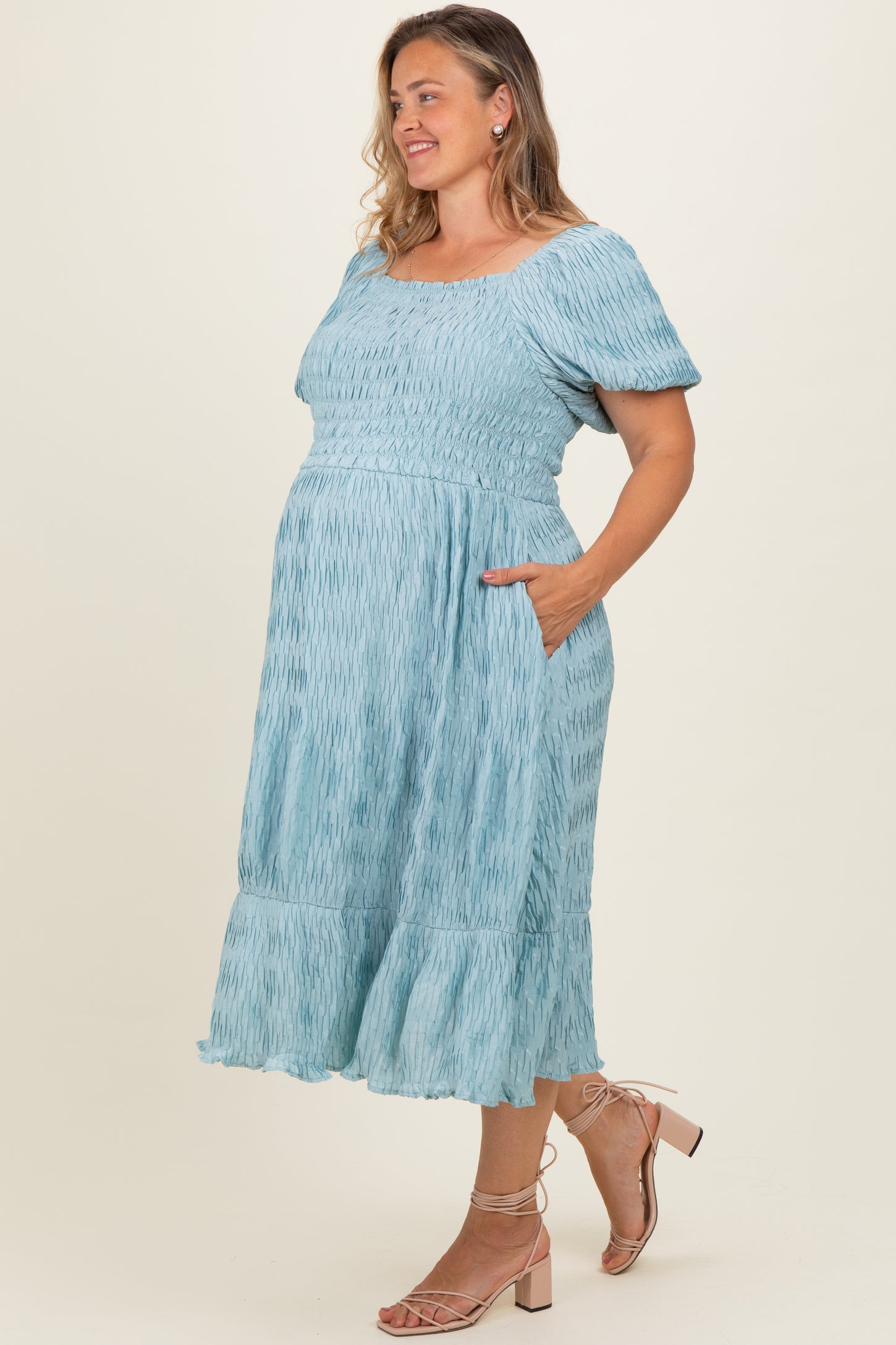 Dusty Blue Textured Woven Maternity Plus Maxi Dress