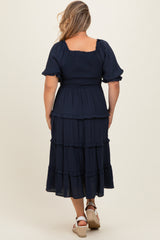 Navy Ruffle Tiered Maternity Plus Midi Dress