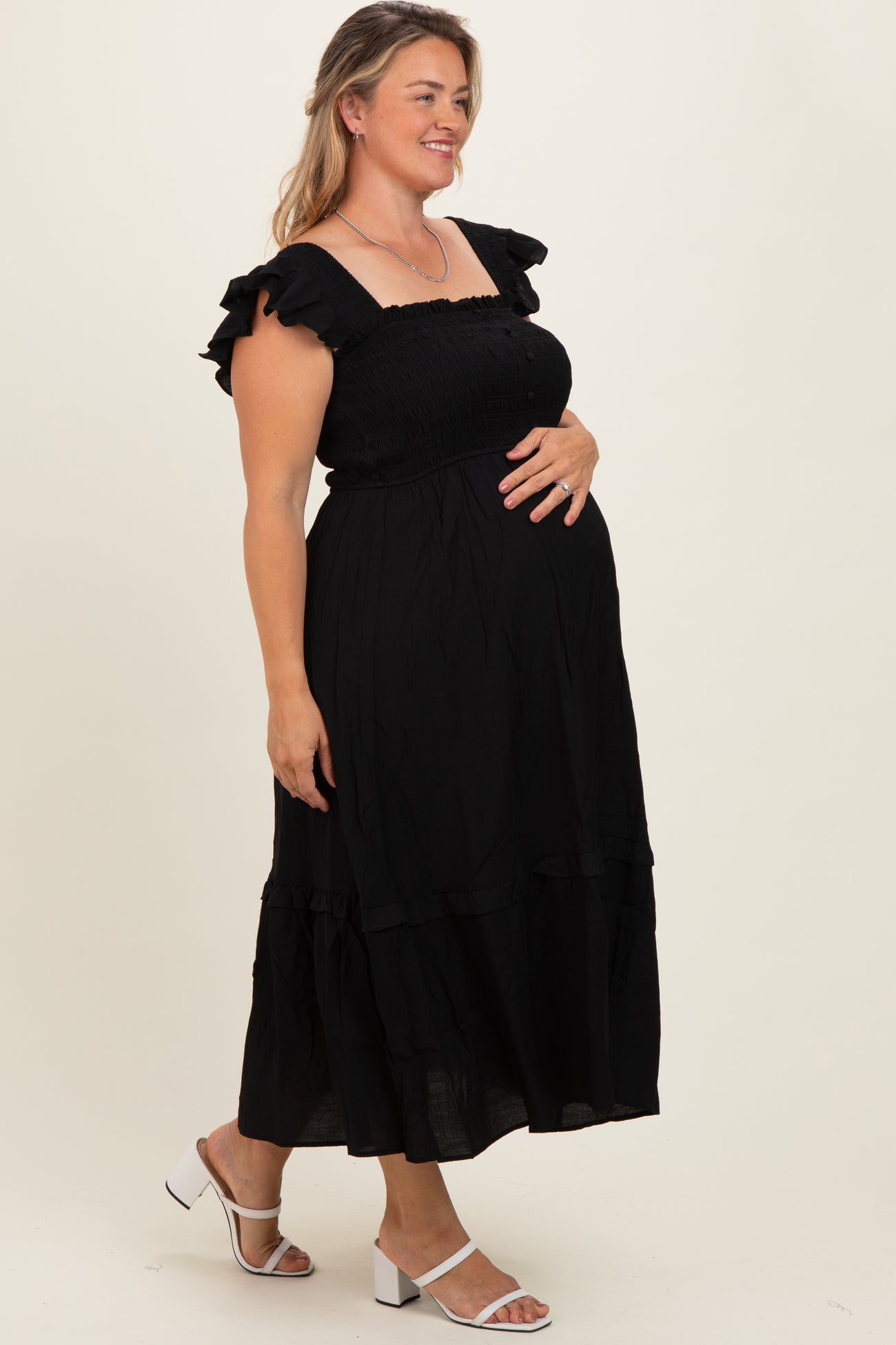 Black Button Accent Smocked Maternity Plus Midi Dress