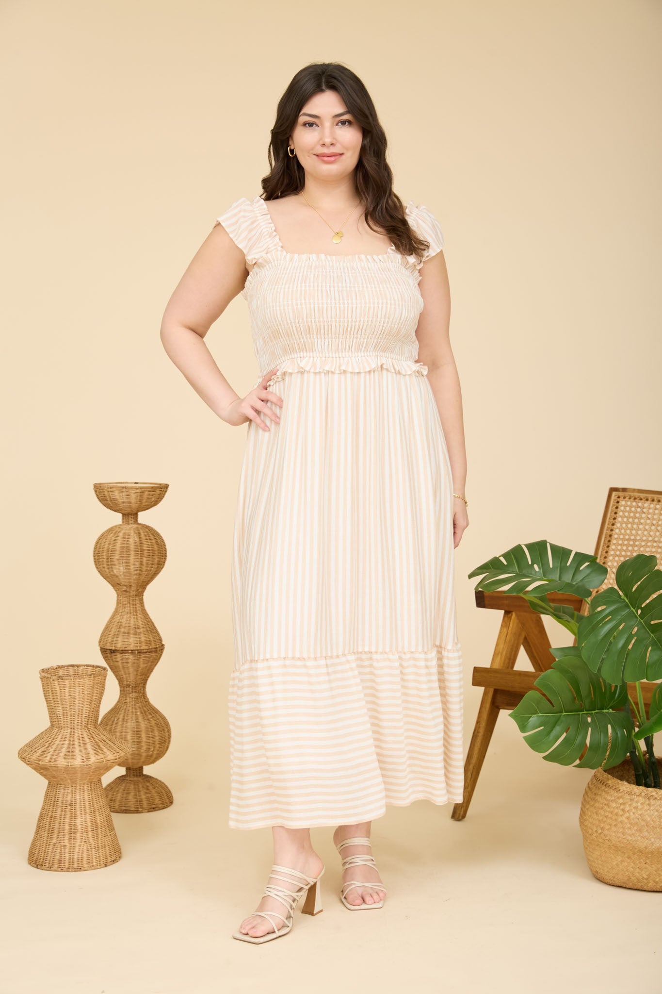 Light Khaki Striped Smocked Maternity Plus Midi Dress