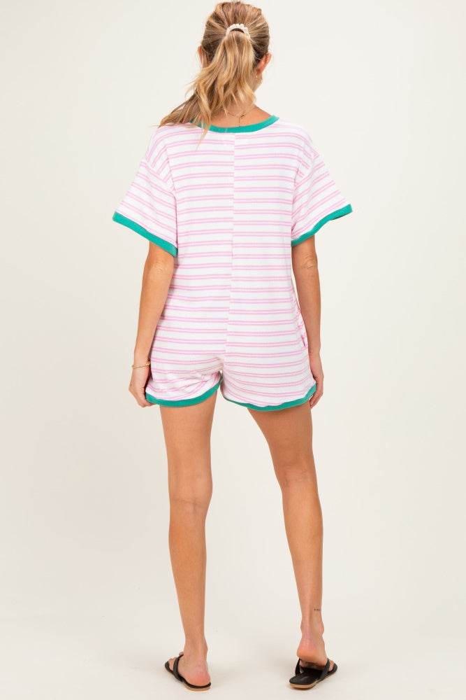 woman wearing a pink and white striped maternity short set with teal trim, showing a relaxed fit and back view