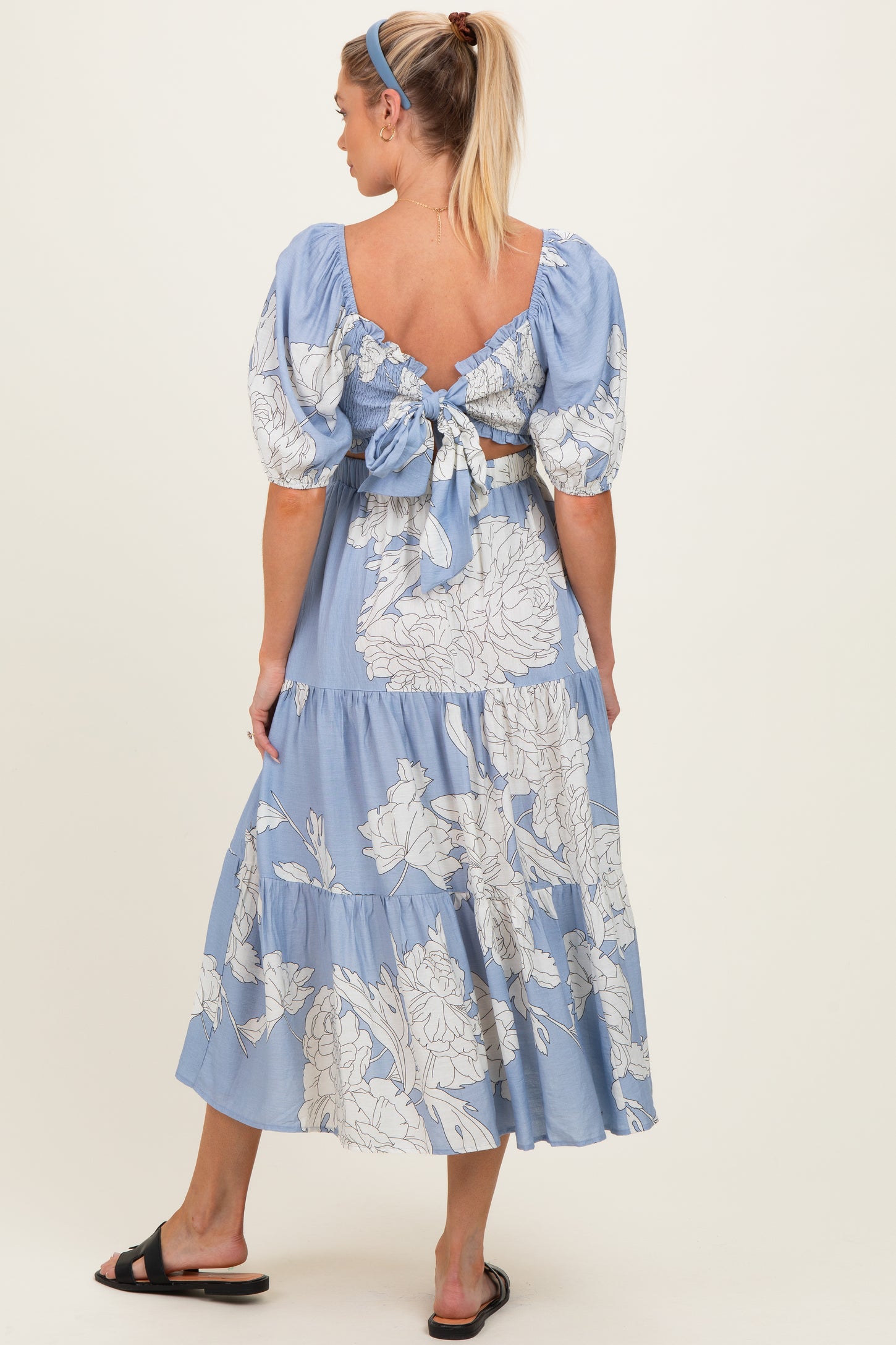 woman wearing a blue floral print maternity dress with puff sleeves and a tied back, viewed from the back