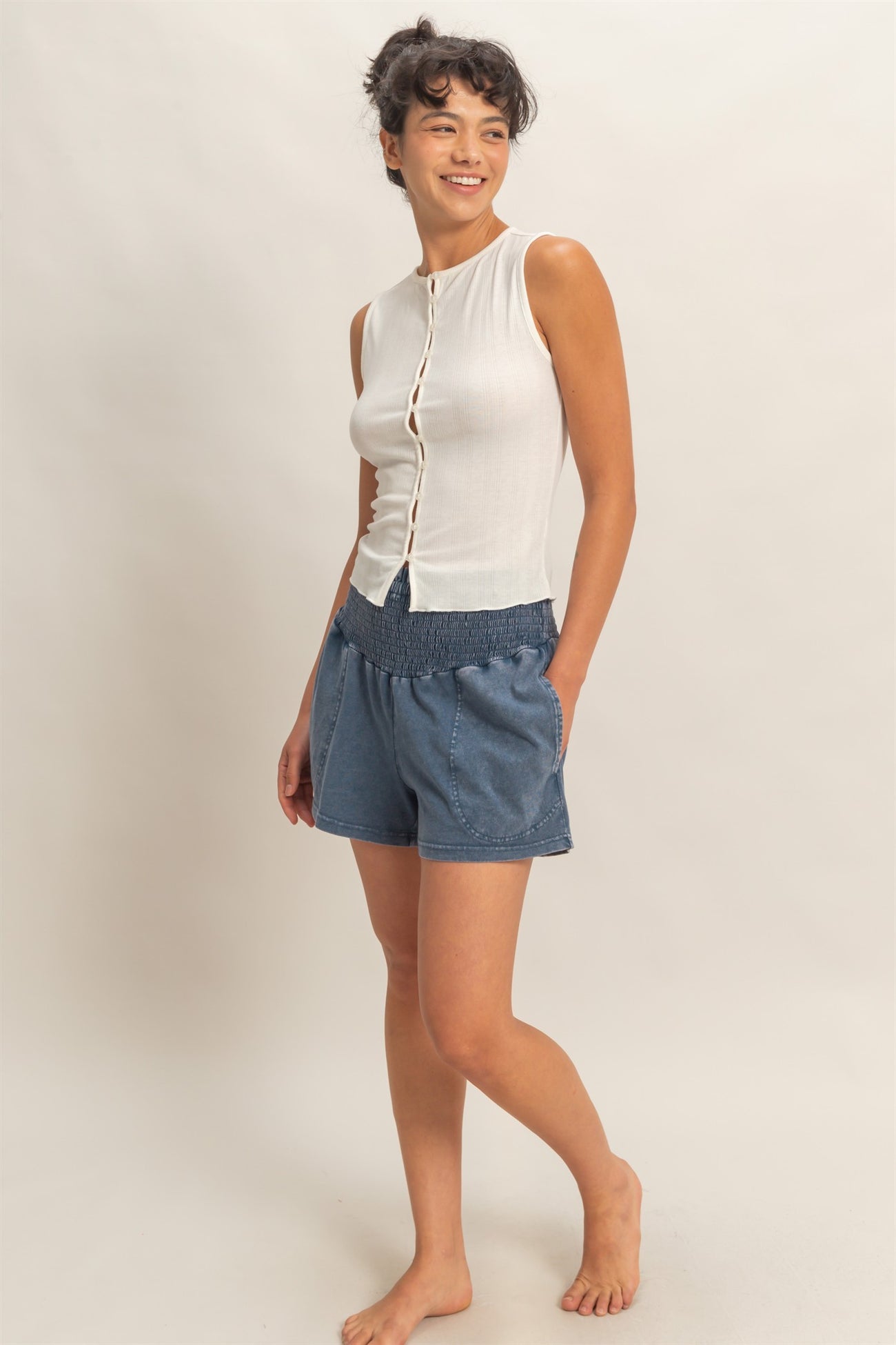 Navy Smocked Waist Mineral Wash Maternity Shorts
