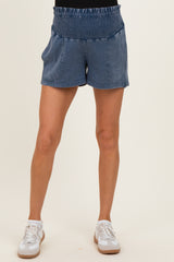 Navy Smocked Waist Mineral Wash Maternity Shorts