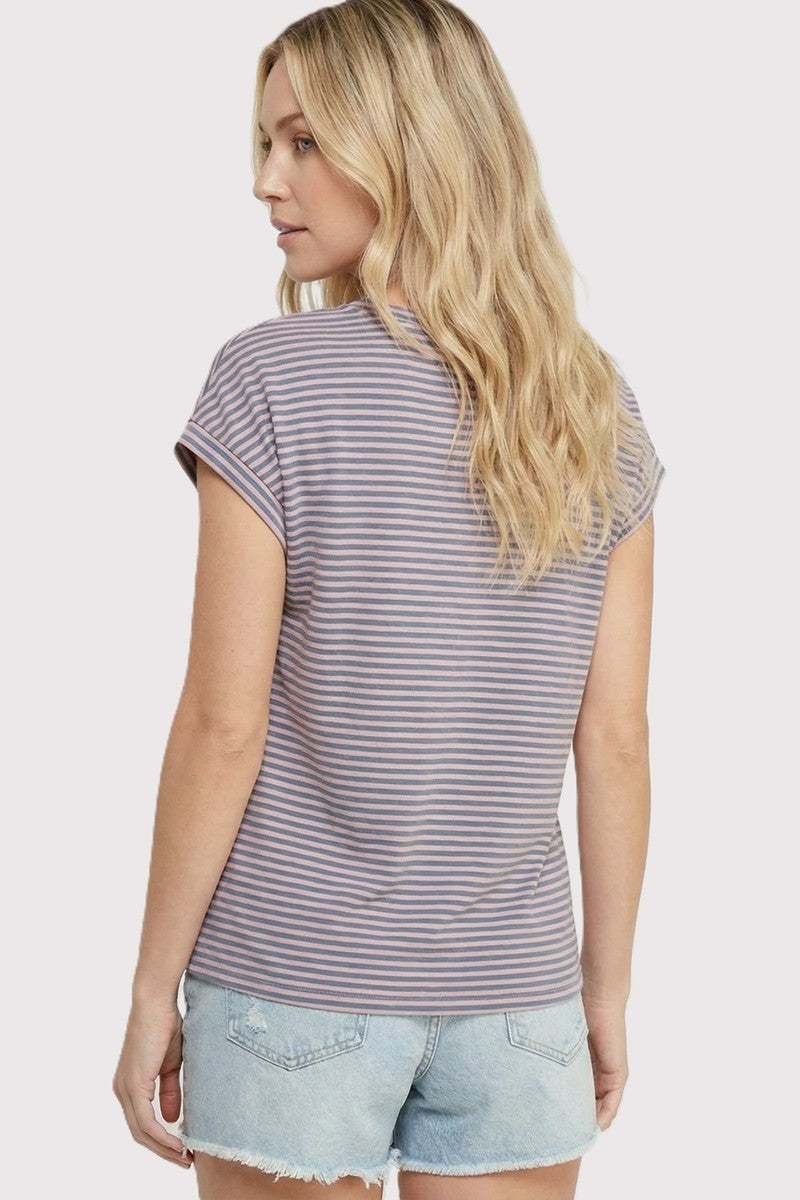 woman wearing a striped short sleeve top with rolled cuffs and light wash denim shorts