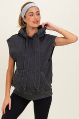 woman wearing a dark gray sleeveless maternity hoodie with a front pocket and drawstring hood