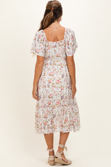 woman wearing a floral midi maternity dress with short puff sleeves and a smocked bodice, showing a baby bump