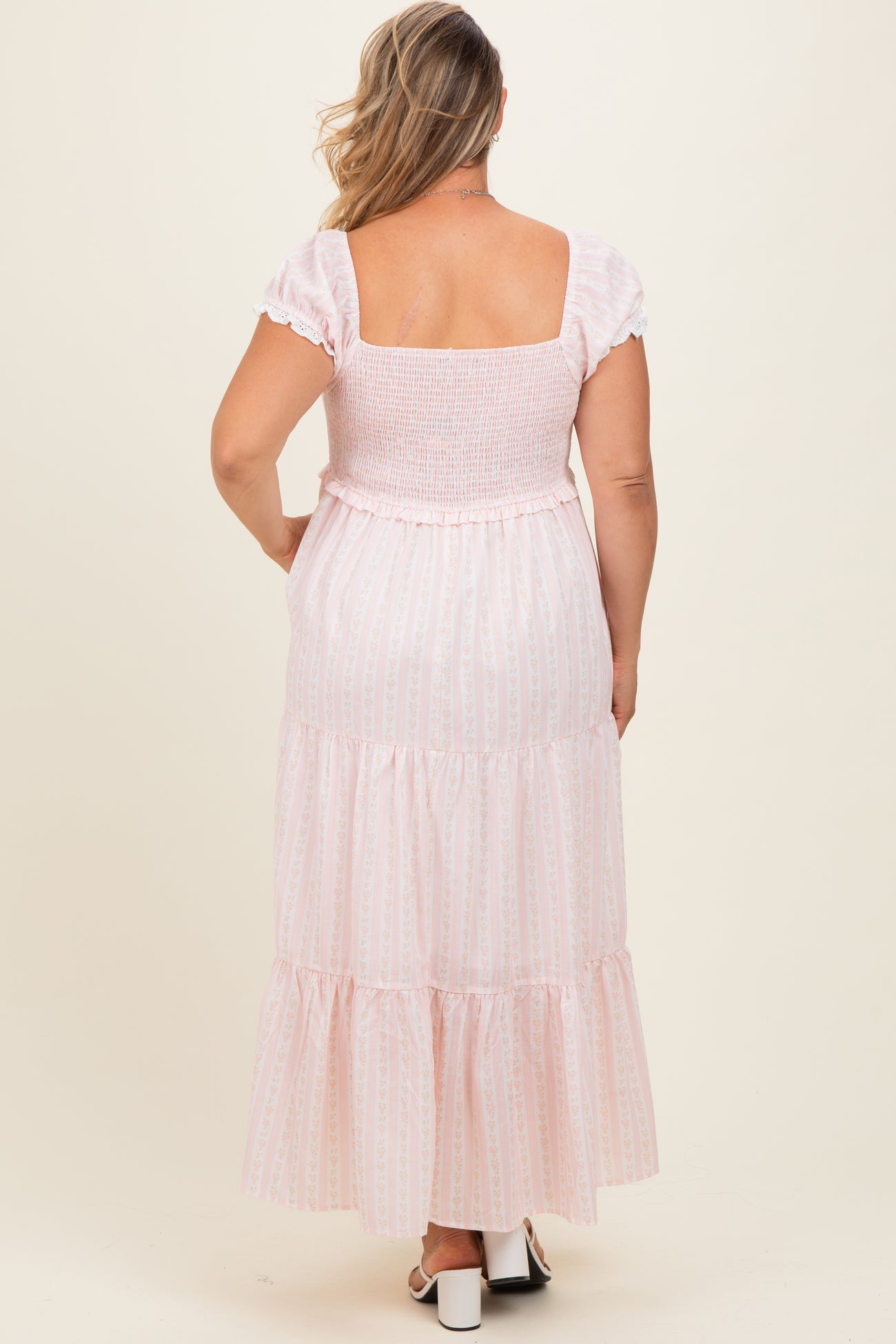 Light Pink Floral Lace Trim Tiered Maternity Plus Maxi Dress