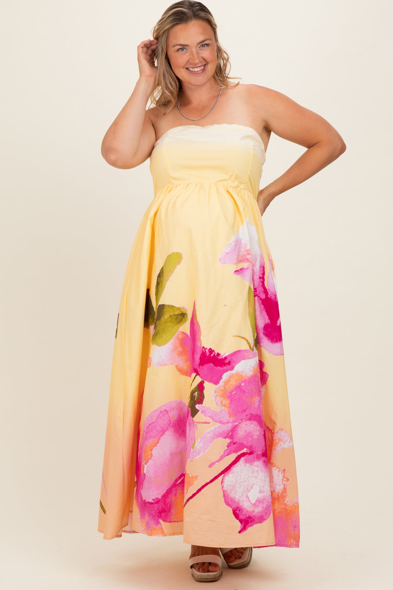 Light Yellow Floral Strapless Maternity Plus Maxi Dress
