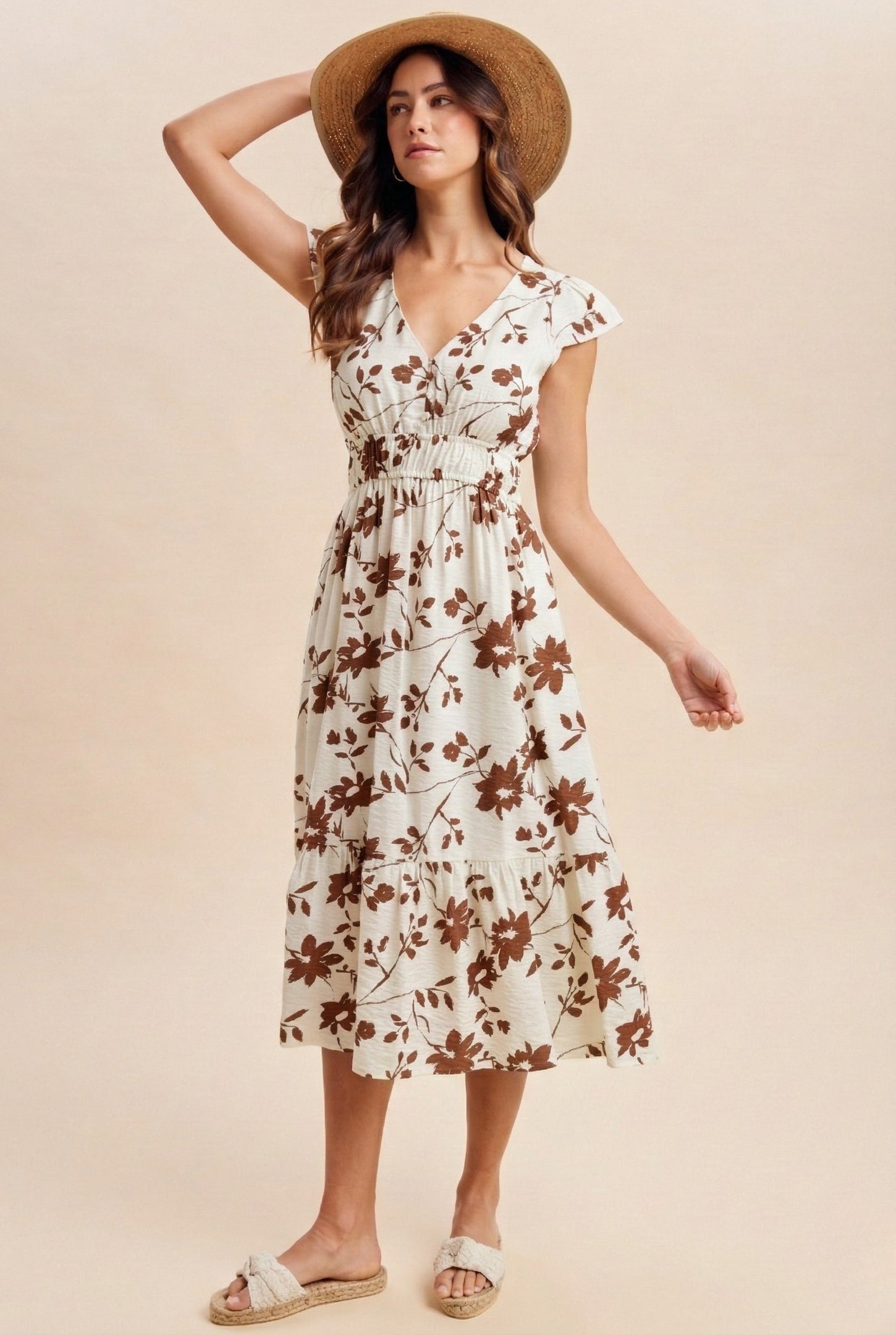 woman wearing a cream floral midi dress with ruffled sleeves and a smocked waist, accessorized with a straw hat