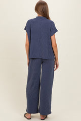 Navy Textured Rib Mock Neck Short Sleeve Pant Maternity Set