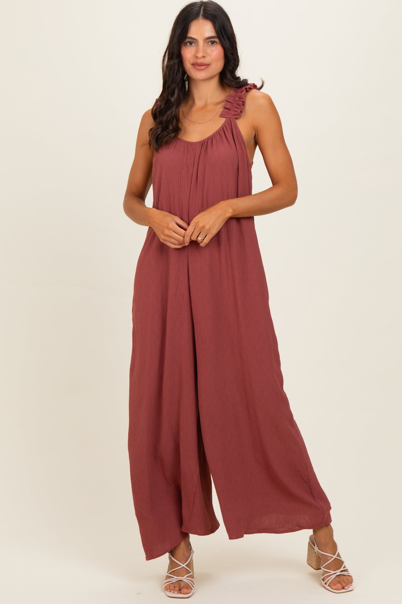 Marsala Ruffle Strap Maternity Wide Leg Jumpsuit