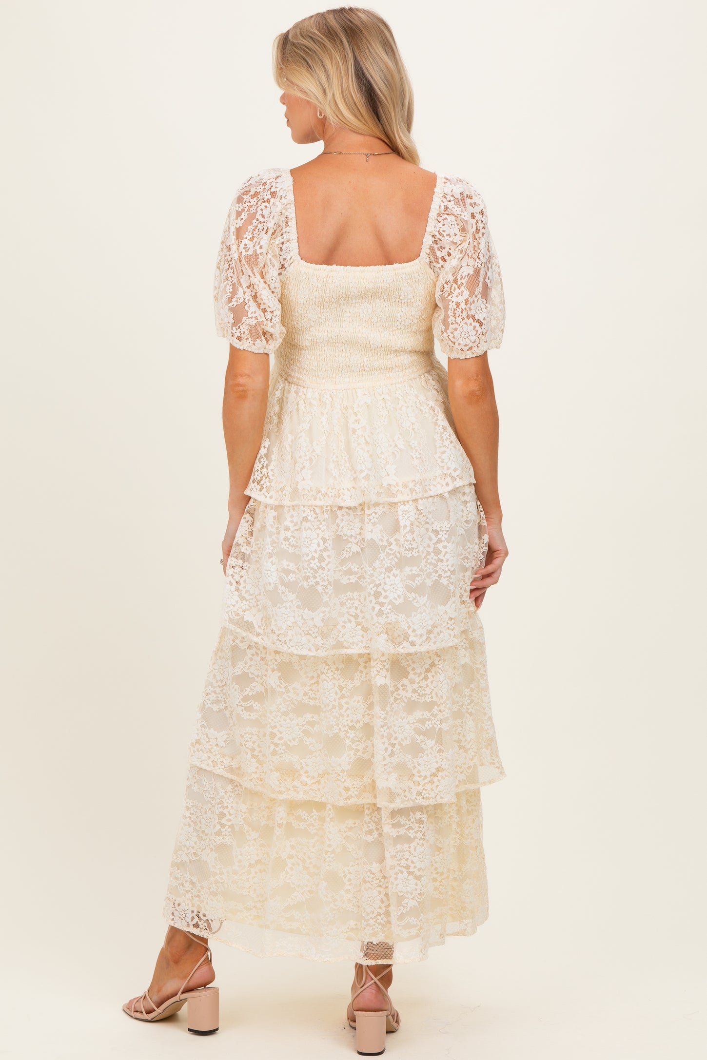 Butter Cream Lace Tiered Smocked Maternity Midi Dress