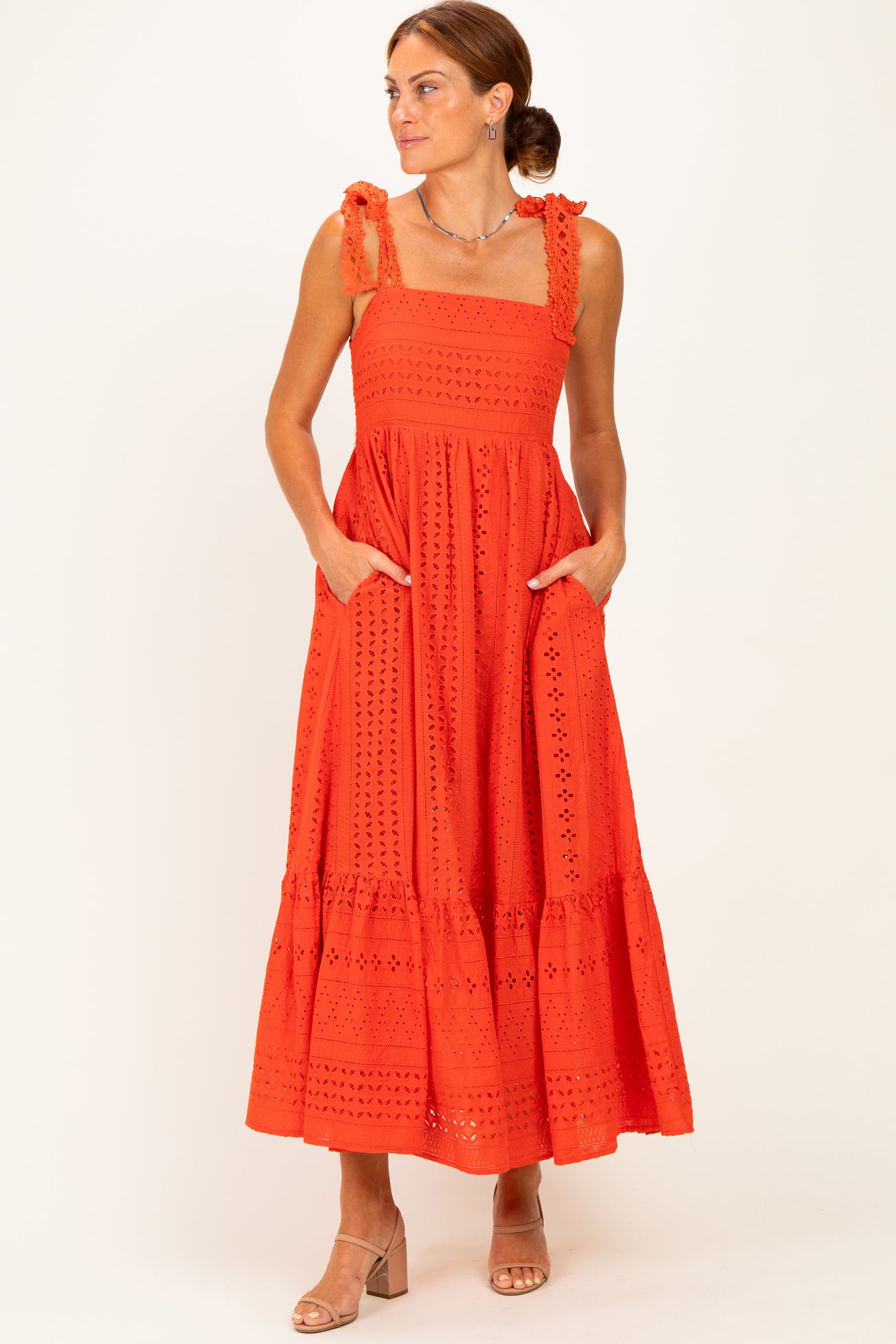 Tomato Laser Cut Lace Shoulder Tie Maternity Maxi Dress