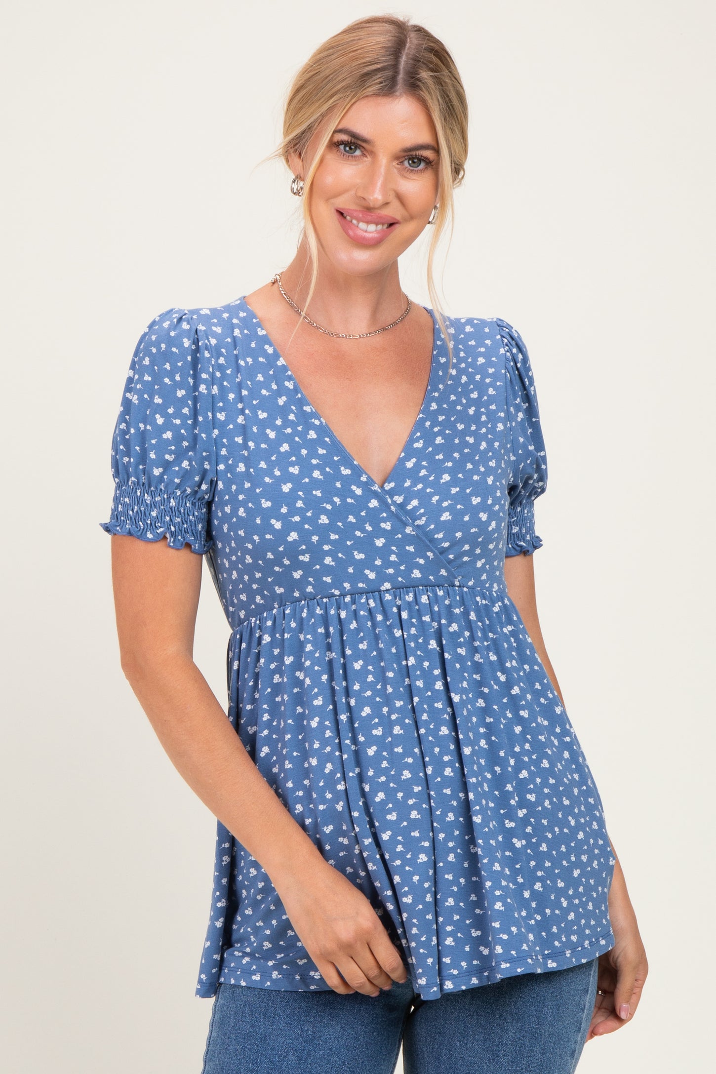Blue Ditsy Floral Smocked Sleeve Maternity Wrap Top