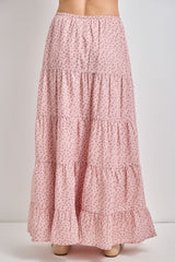 pink floral tiered maxi skirt with ruffled hem and elastic waistband