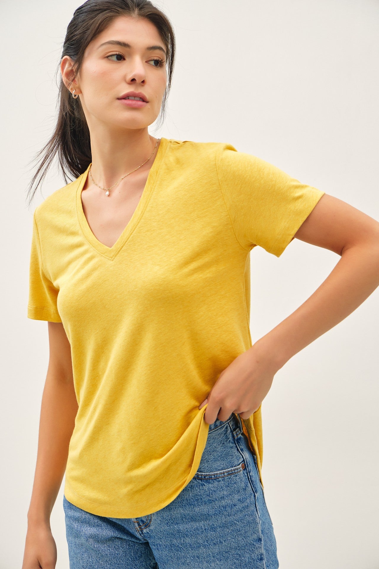 Sunflower Linen Blend V-Neck Short Sleeve T-Shirt