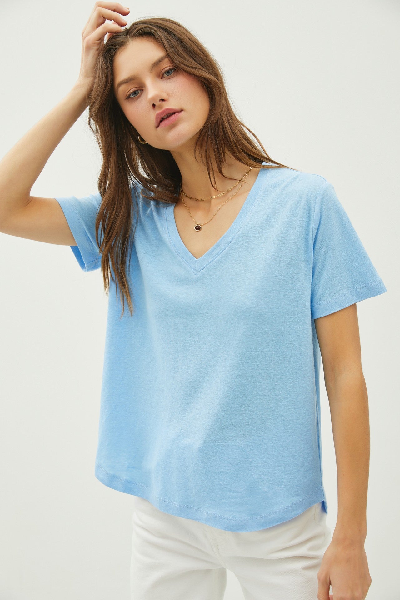 Sky Linen Blend V-Neck Short Sleeve T-Shirt