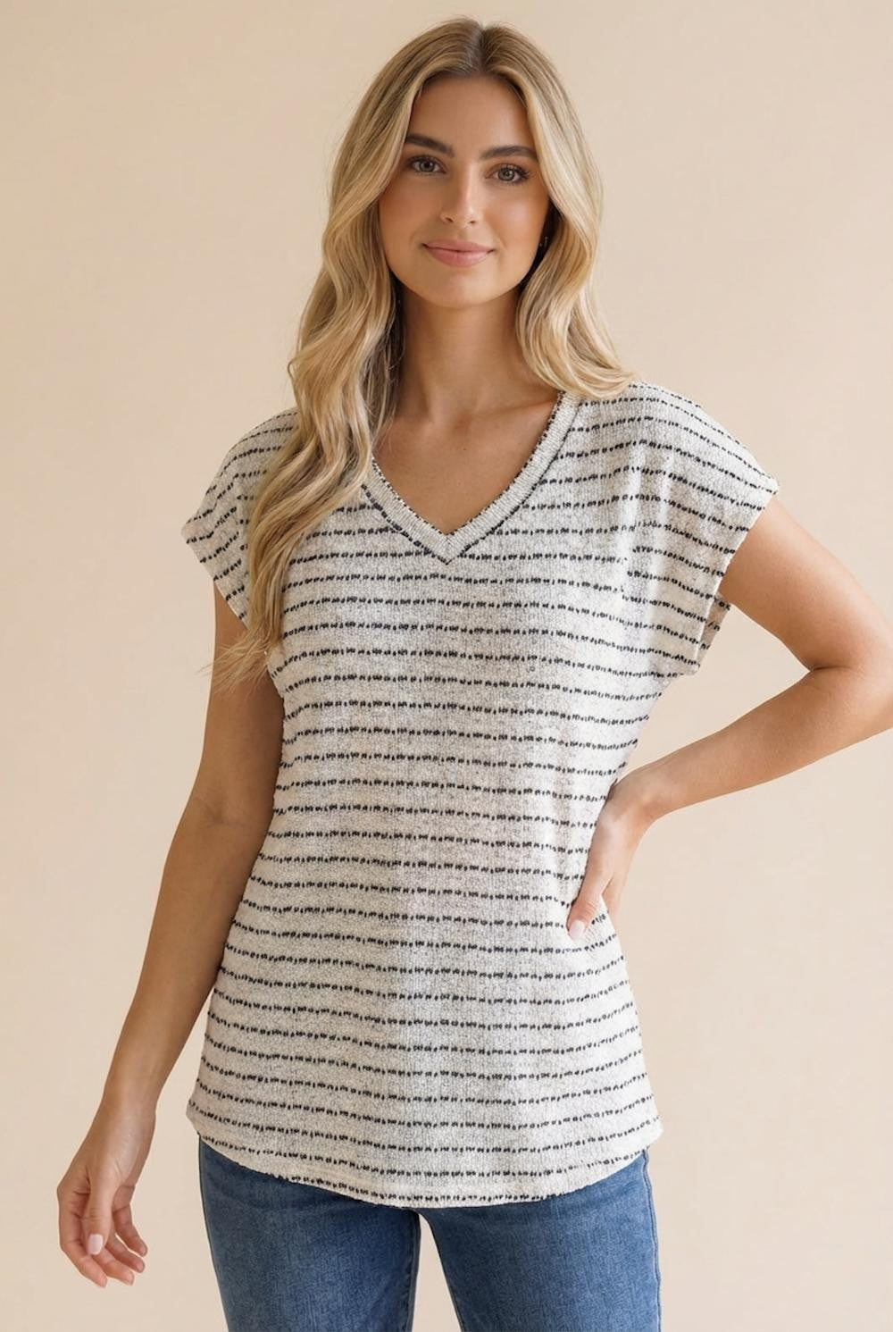 Ivory Striped Knit Maternity V-Neck Top
